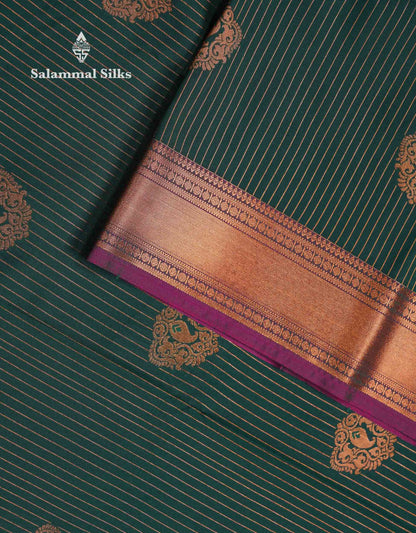 Beautiful Bottle Green Zari Lines With Butta Semi Silk Saree With Traditional Evening Morning Border