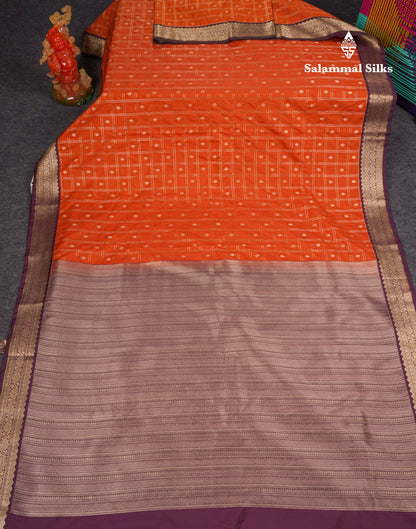 Beautiful Rust Orange Zari Checks With Butta Semi Silk Saree With Contrast Magenta Traditional Medium Border