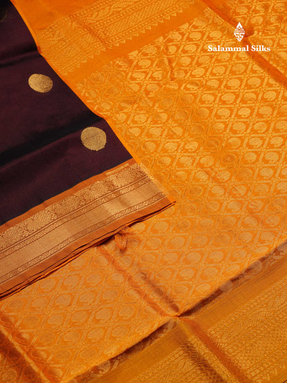 Beautiful Dark Brown Zari Butta Semi Silk Cotton Saree With Contrast Mustard Yellow Traditional Border