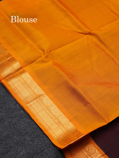 Beautiful Dark Brown Zari Butta Semi Silk Cotton Saree With Contrast Mustard Yellow Traditional Border