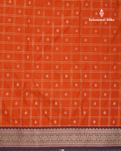 Beautiful Rust Orange Zari Checks With Butta Semi Silk Saree With Contrast Magenta Traditional Medium Border