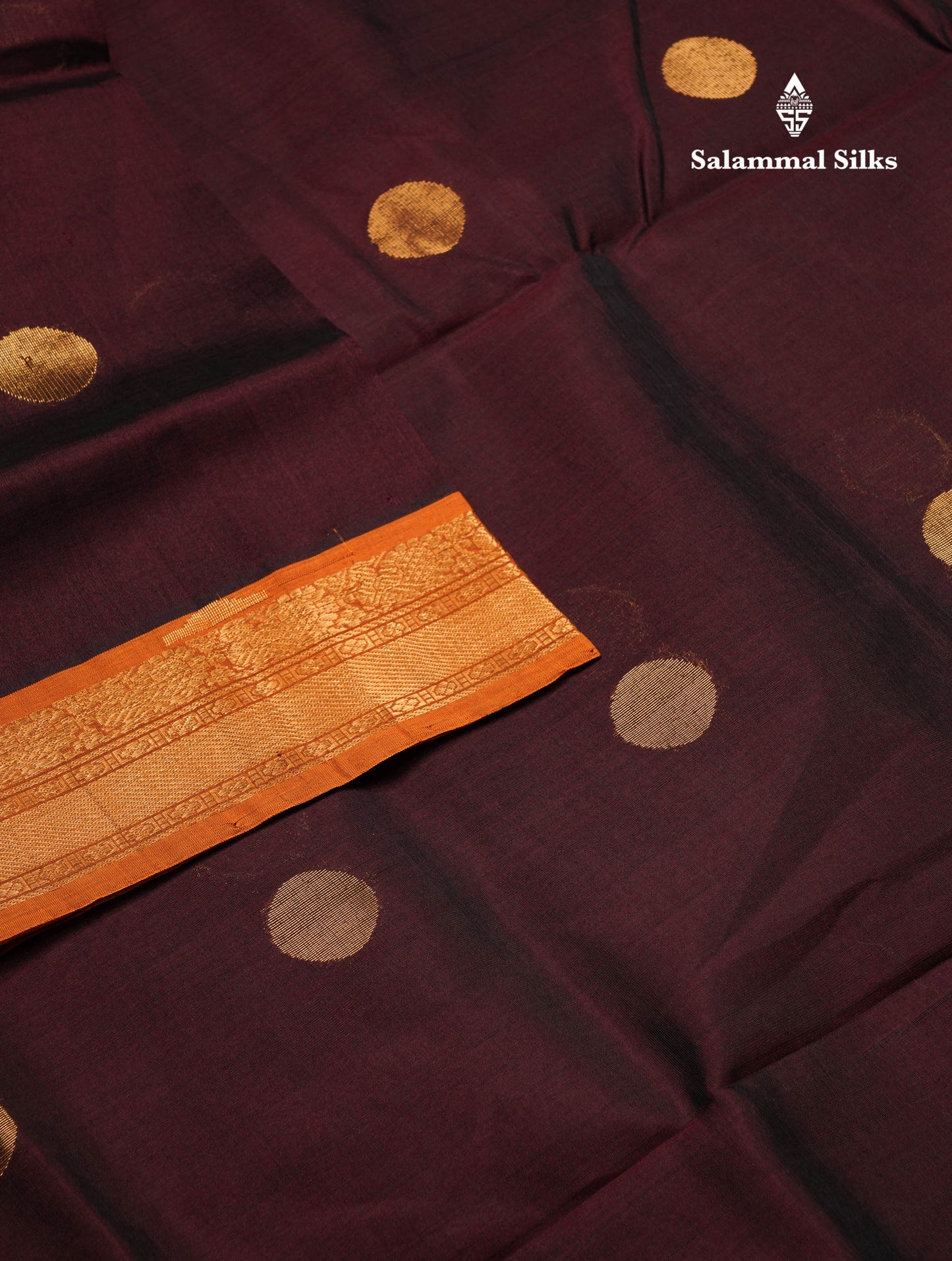 Beautiful Dark Brown Zari Butta Semi Silk Cotton Saree With Contrast Mustard Yellow Traditional Border