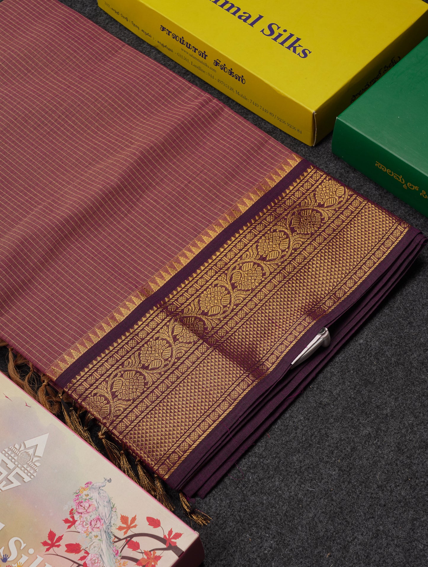 Beautiful Light Brown Small Checks Pure Cotton Saree With Contrast Black Traditional Border