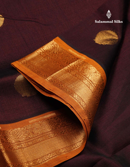 Beautiful Dark Brown Zari Butta Semi Silk Cotton Saree With Contrast Mustard Yellow Traditional Border