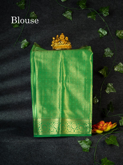 Semi Silk Pattu Pavadai (Elachi Green Colour Tissue) With Parrot Green Blouse 18"