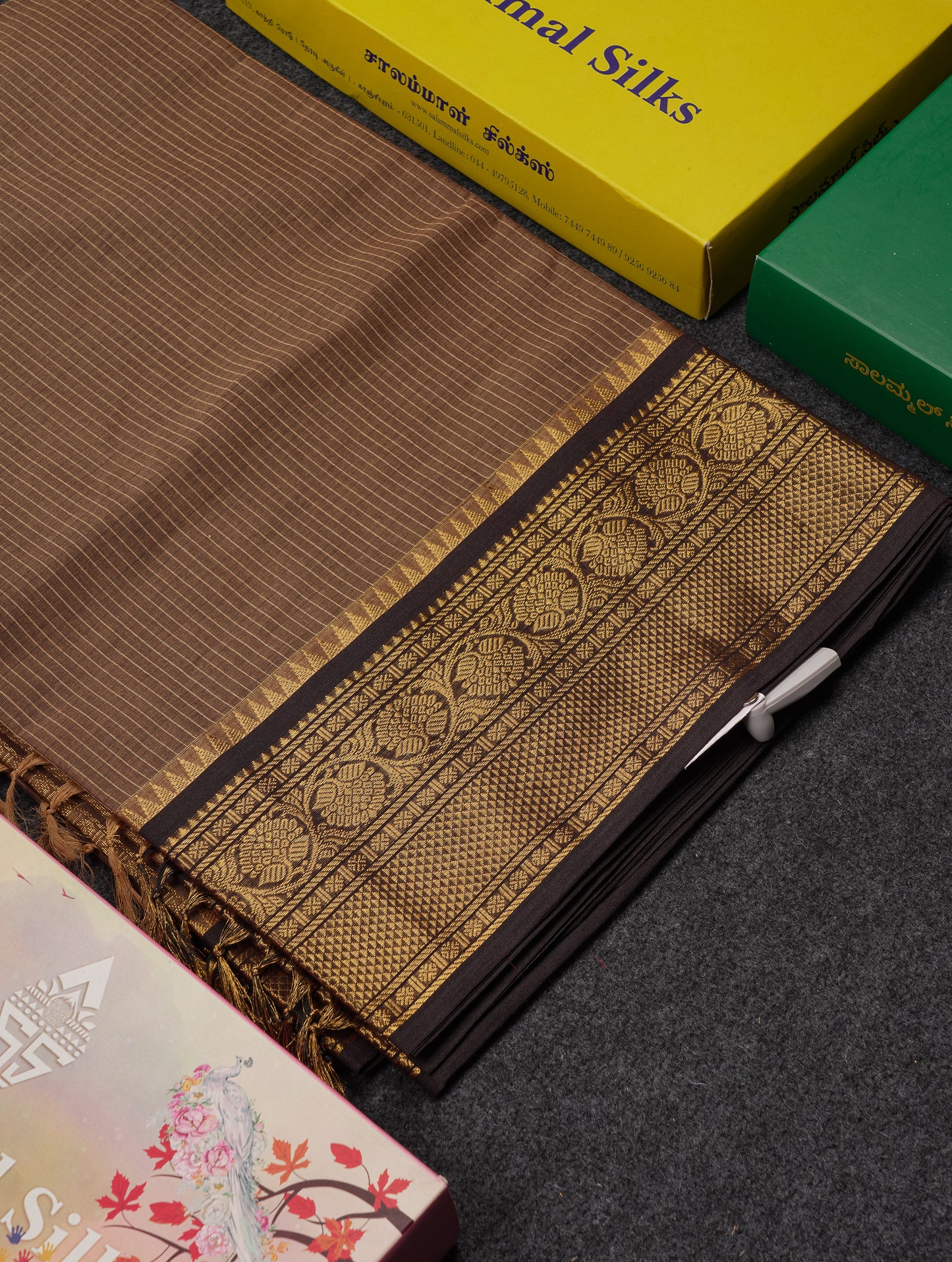 Beautiful Light Brown Small Checks Pure Cotton Saree With Contrast Black Traditional Border