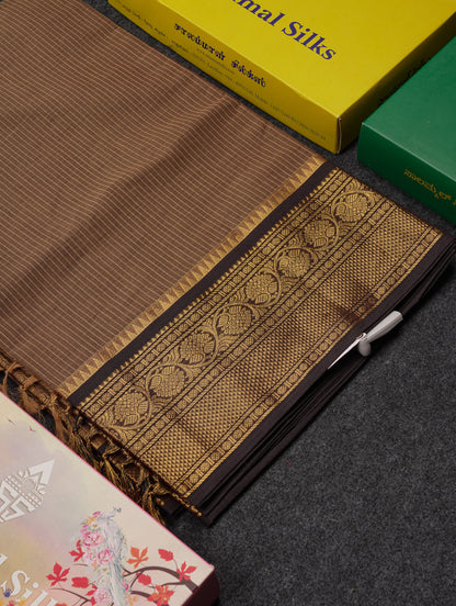 Beautiful Light Brown Small Checks Pure Cotton Saree With Contrast Black Traditional Border