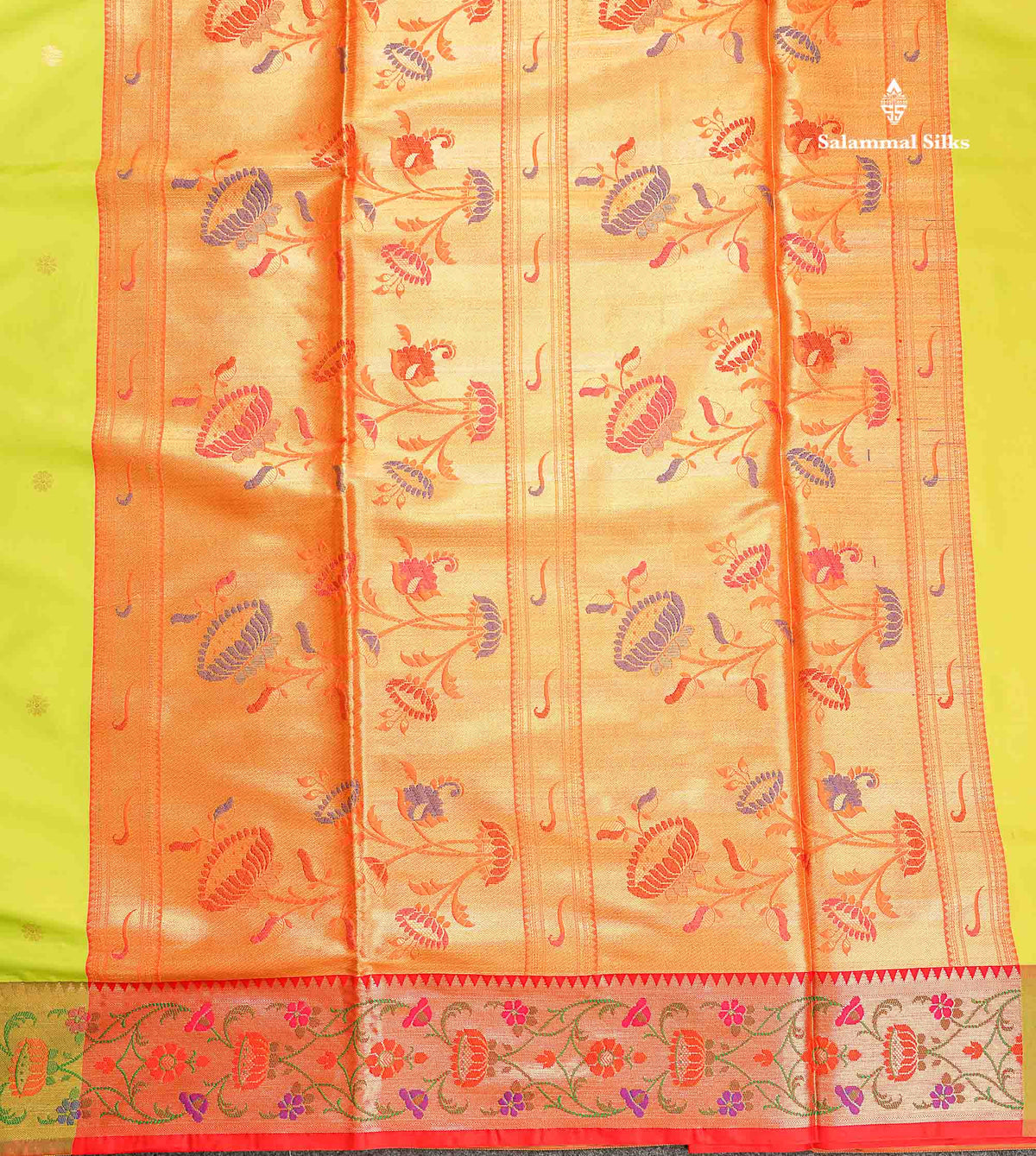 Semi Silk Saree - Olive Green Colour Body With Zari Butta & Fancy Paithani Border