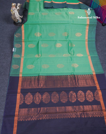 Beautiful Elaichi Green SICO Cotton Saree With Contrast Navy Blue Blouse
