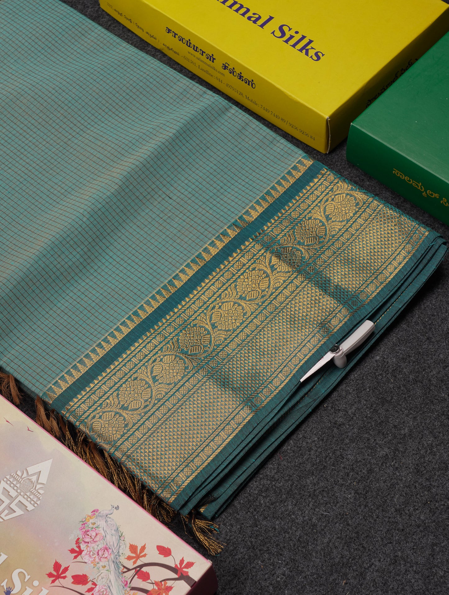 Beautiful Light Brown Small Checks Pure Cotton Saree With Contrast Black Traditional Border