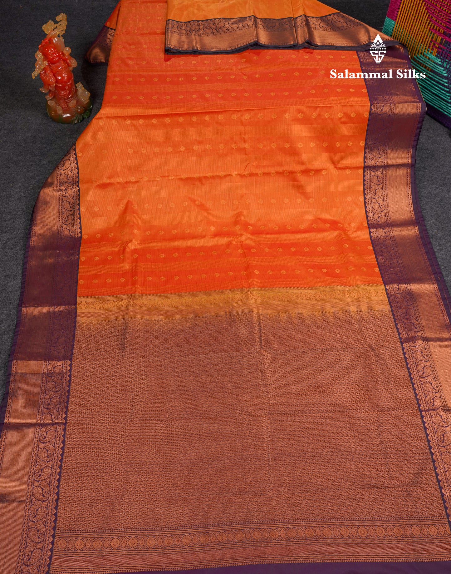 Beautiful Rust Orange Vaira Oosi Lines With Butta Semi Silk Saree With Contrast Dark Purple Traditional Border