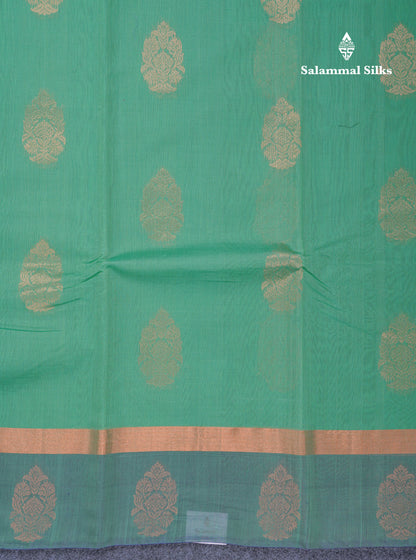 Beautiful Elaichi Green SICO Cotton Saree With Contrast Navy Blue Blouse
