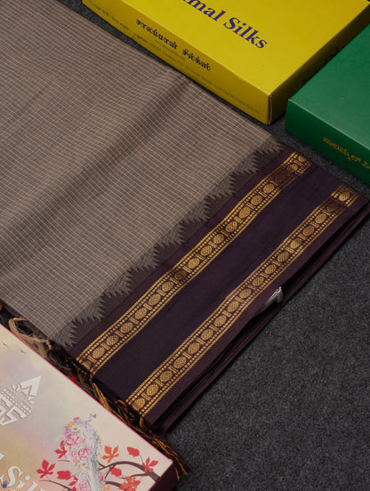 Beautiful Cream Sandal Small Checks Pure Cotton Saree With Contrast Brown Traditional Rettapet & Temple Border