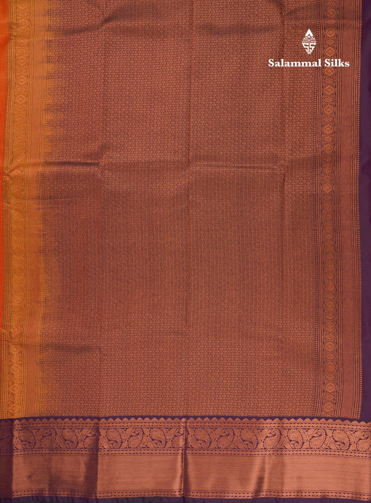 Beautiful Rust Orange Vaira Oosi Lines With Butta Semi Silk Saree With Contrast Dark Purple Traditional Border