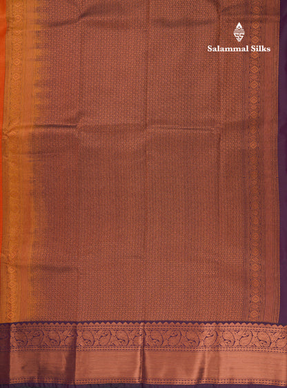 Beautiful Rust Orange Vaira Oosi Lines With Butta Semi Silk Saree With Contrast Dark Purple Traditional Border