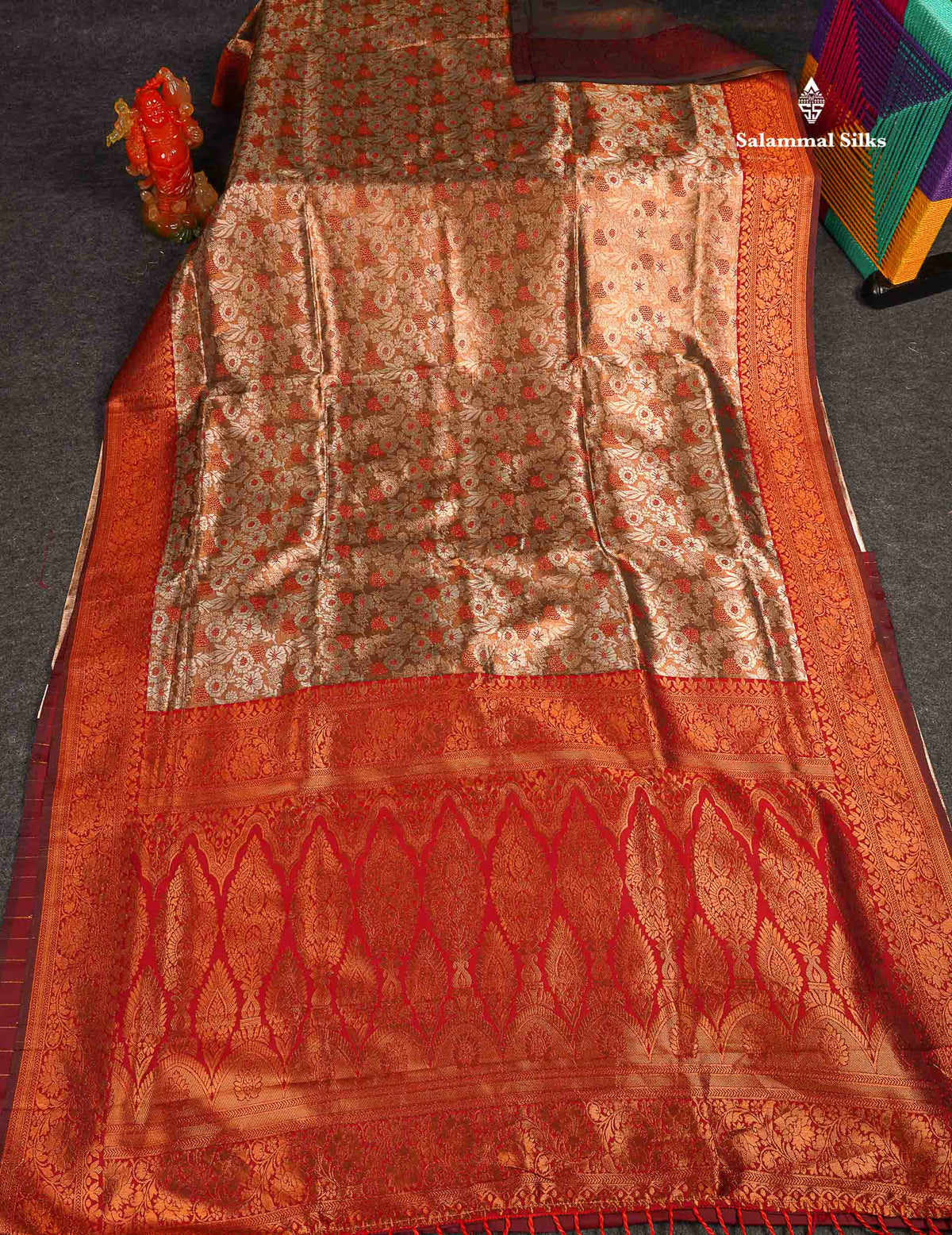 Semi Tussar Saree - Copper Colour Body Tissue With Contrast Maroon Fancy Border 