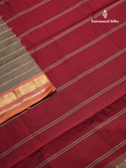 Beautiful Elephant Grey Semi Silk Cotton Saree With Contrast Maroon Blouse