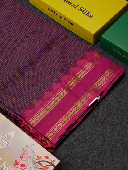 Beautiful Cream Sandal Small Checks Pure Cotton Saree With Contrast Brown Traditional Rettapet & Temple Border