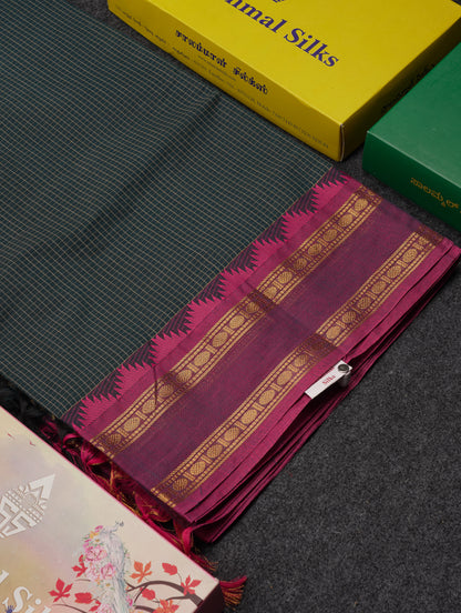 Beautiful Cream Sandal Small Checks Pure Cotton Saree With Contrast Brown Traditional Rettapet & Temple Border
