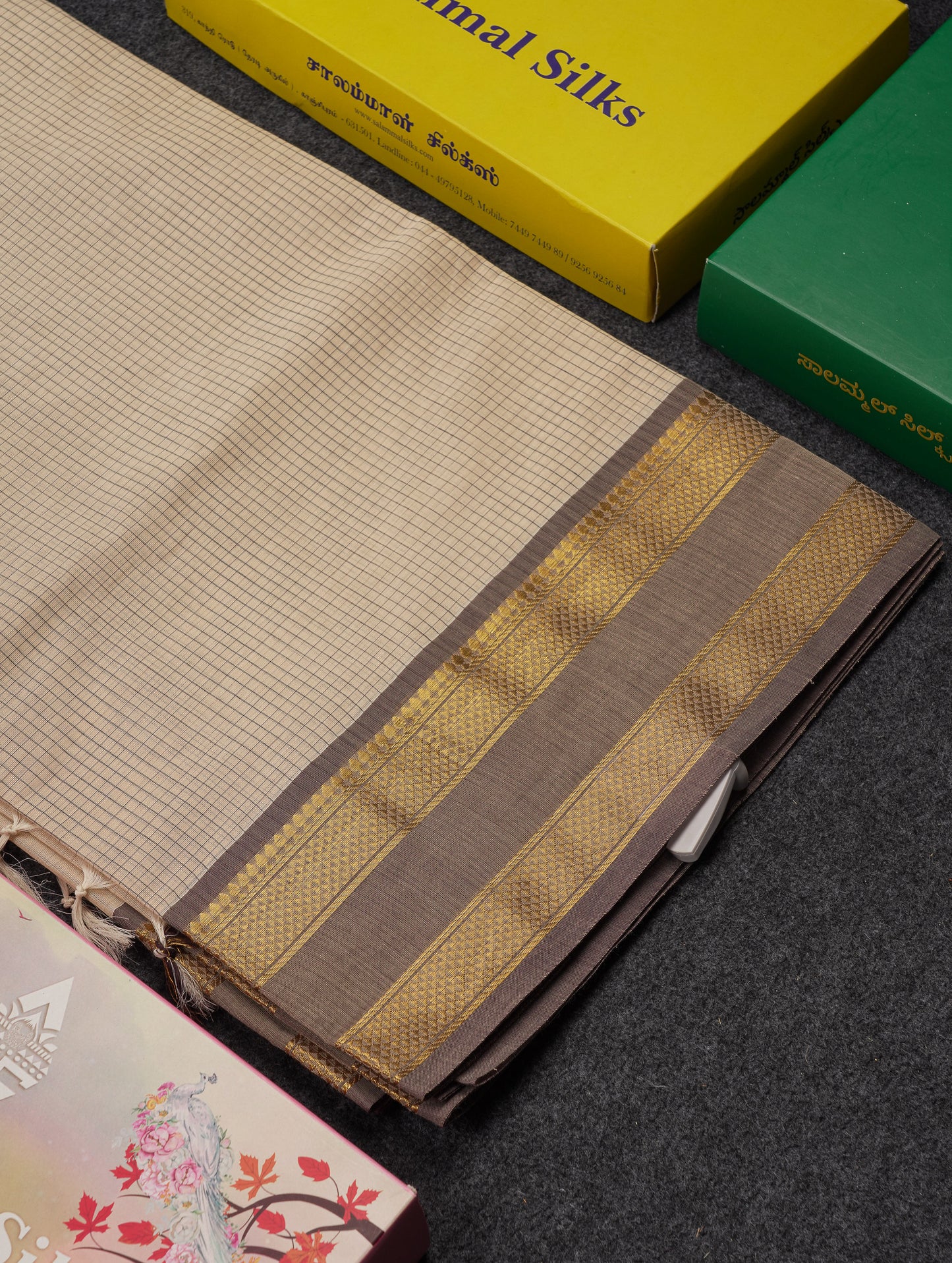 Beautiful Sandal Small Checks Pure Cotton Saree With Contrast Brown Traditional Rettapet Border