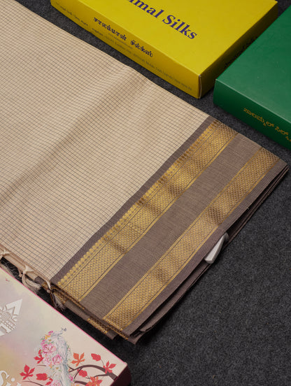 Beautiful Sandal Small Checks Pure Cotton Saree With Contrast Brown Traditional Rettapet Border