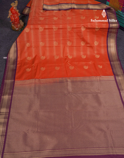 Beautiful Rust Orange Alai Vaira Oosi Lines With Butta Semi Silk Saree With Contrast Magenta Traditional Medium Border