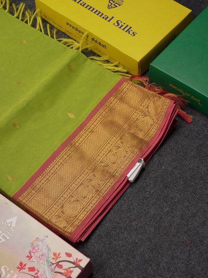 Beautiful Parrot Green Pure Cotton Saree With Contrast Pink Traditional Border