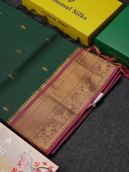 Beautiful Parrot Green Pure Cotton Saree With Contrast Pink Traditional Border