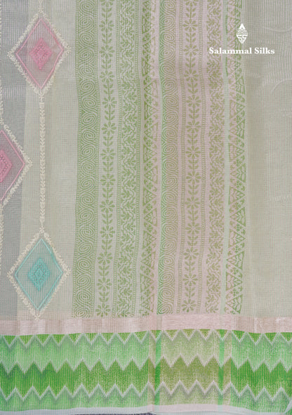 Half White Tiny Zari Checks Embroidery Work Fancy Tissue Kota Saree With Contrast Brown Border