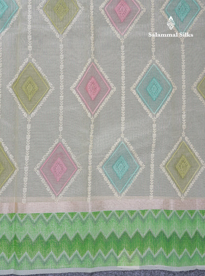 Half White Tiny Zari Checks Embroidery Work Fancy Tissue Kota Saree With Contrast Brown Border