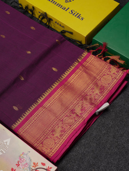 Beautiful Parrot Green Pure Cotton Saree With Contrast Pink Traditional Border
