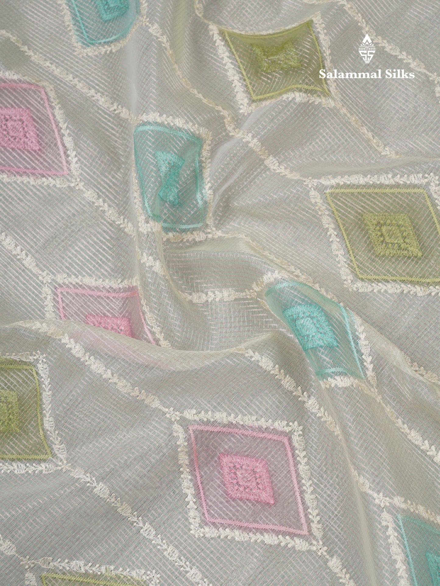 Half White Tiny Zari Checks Embroidery Work Fancy Tissue Kota Saree With Contrast Brown Border