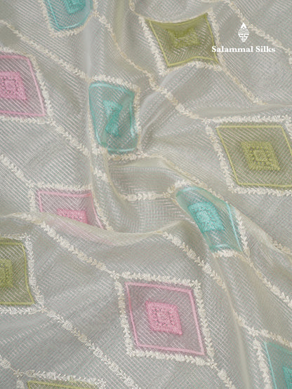 Half White Tiny Zari Checks Embroidery Work Fancy Tissue Kota Saree With Contrast Brown Border