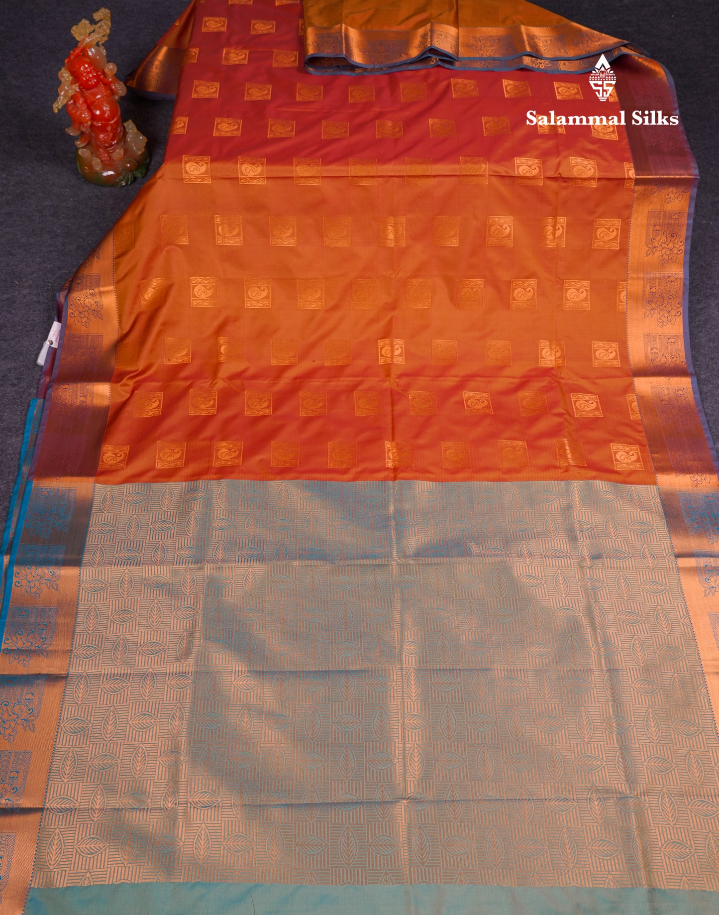 Beautiful Rust Orange Semi Silk Saree With Contrast Sapphire Green Blouse