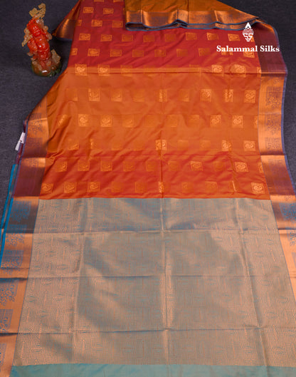 Beautiful Rust Orange Semi Silk Saree With Contrast Sapphire Green Blouse
