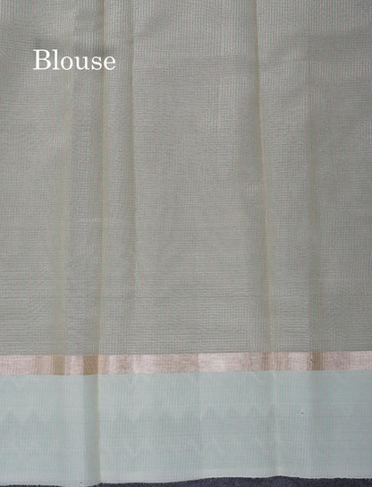 Half White Tiny Zari Checks Embroidery Work Fancy Tissue Kota Saree With Contrast Brown Border