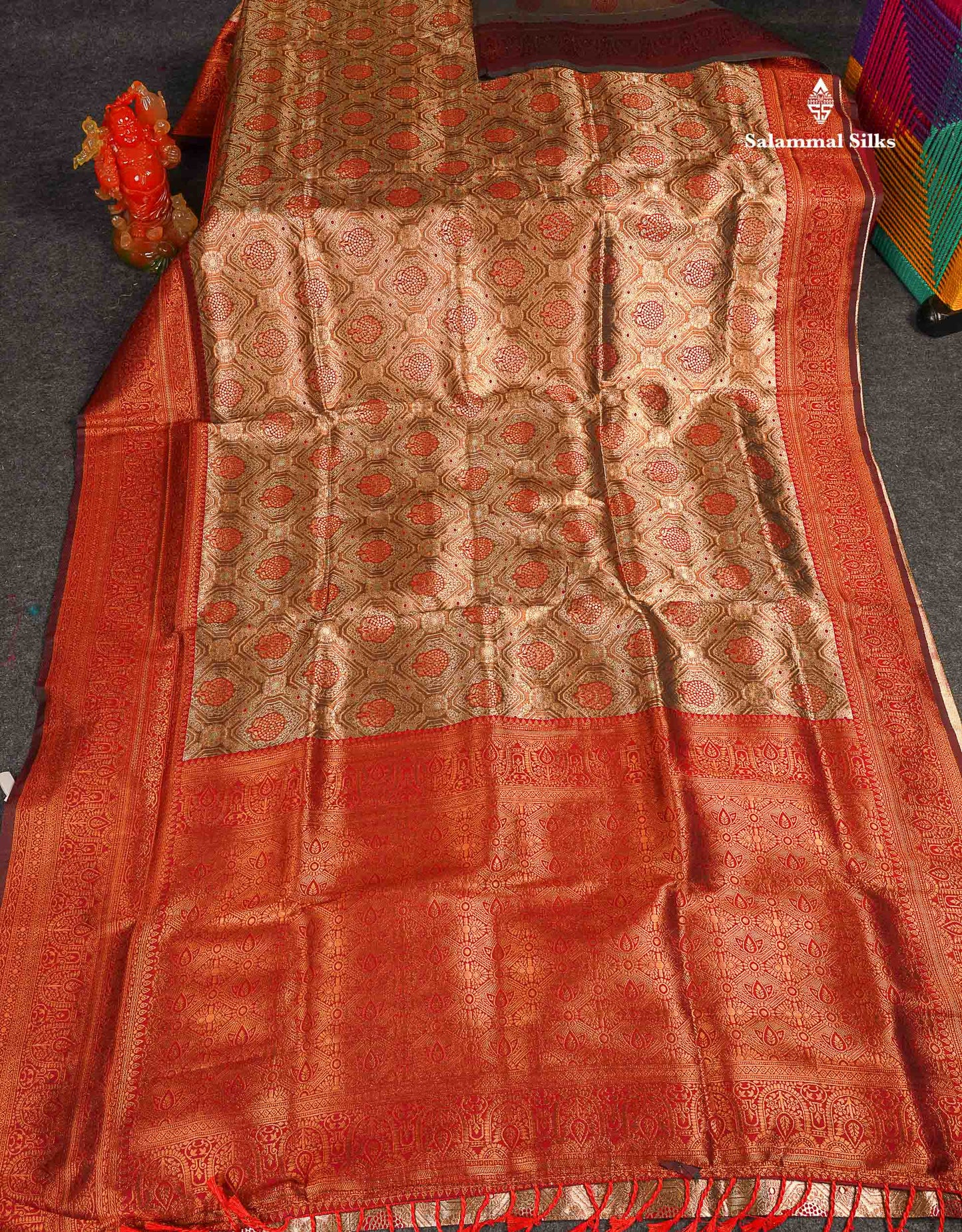 Semi Tussar Saree - Copper Colour Body Tissue With Contrast Maroon Fancy Border 
