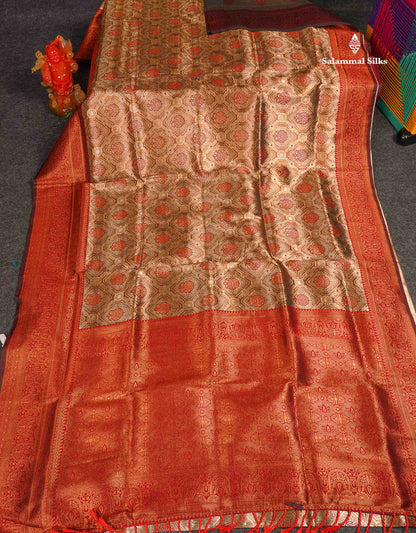 Semi Tussar Saree - Copper Colour Body Tissue With Contrast Maroon Fancy Border 