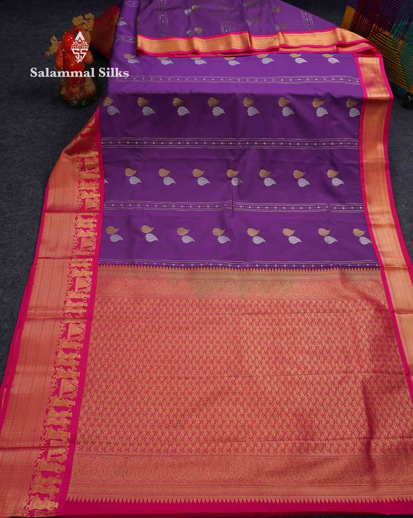 Beautiful Dark Purple Silver & Gold Zari Butta Semi Silk Saree With Contrast Pink Traditional Pallakku Evening Morning Border