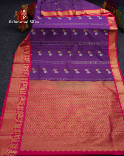 Beautiful Dark Purple Silver & Gold Zari Butta Semi Silk Saree With Contrast Pink Traditional Pallakku Evening Morning Border
