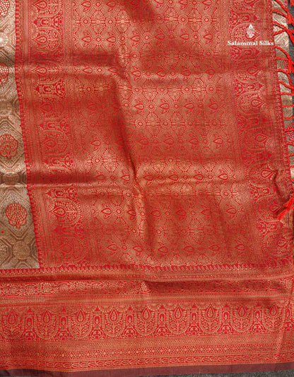 Semi Tussar Saree - Copper Colour Body Tissue With Contrast Maroon Fancy Border