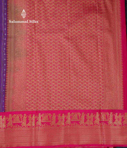 Beautiful Dark Purple Silver & Gold Zari Butta Semi Silk Saree With Contrast Pink Traditional Pallakku Evening Morning Border