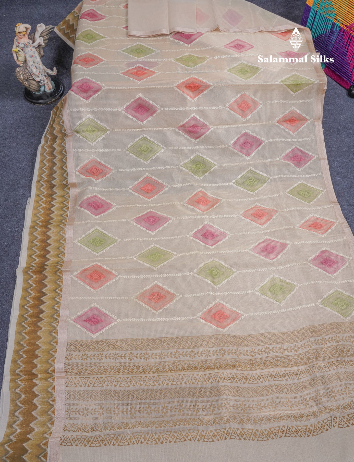 Half White Tiny Zari Checks Embroidery Work Fancy Tissue Kota Saree With Contrast Brown Border