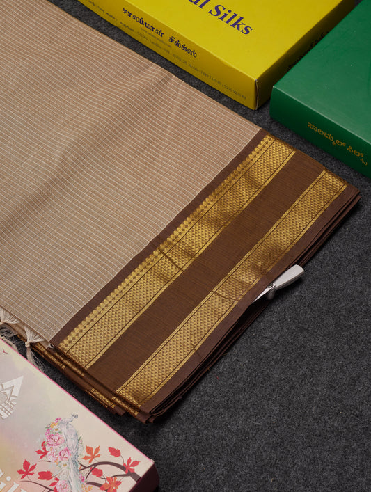 Beautiful Sandal Small Checks Pure Cotton Saree With Contrast Brown Traditional Rettapet Border