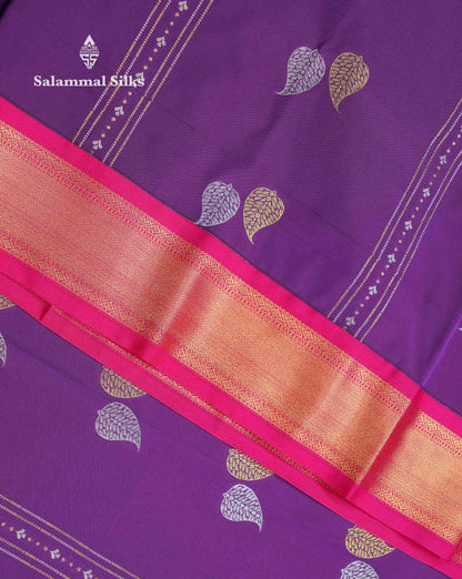 Beautiful Dark Purple Silver & Gold Zari Butta Semi Silk Saree With Contrast Pink Traditional Pallakku Evening Morning Border