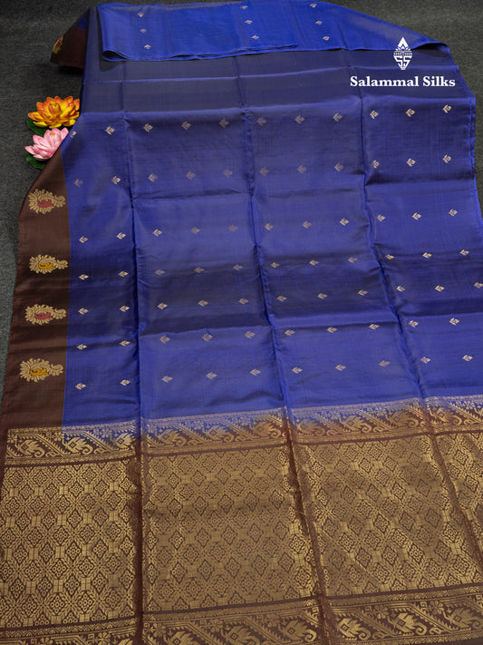 Beautiful Dual Tone Navy Blue Pure Soft Silk Saree With Contrast Dark Brown Border