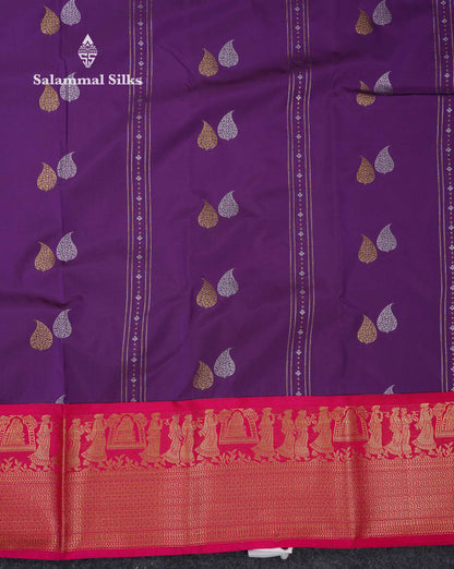 Beautiful Dark Purple Silver & Gold Zari Butta Semi Silk Saree With Contrast Pink Traditional Pallakku Evening Morning Border