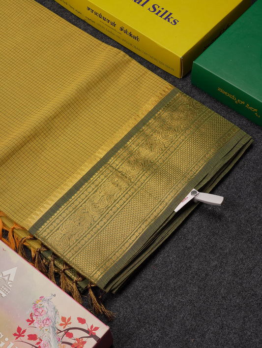 Beautiful Light Yellow Small Checks Pure Cotton Saree With Contrast Light Green Traditional Border