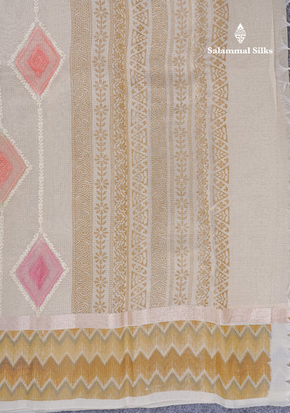 Half White Tiny Zari Checks Embroidery Work Fancy Tissue Kota Saree With Contrast Brown Border