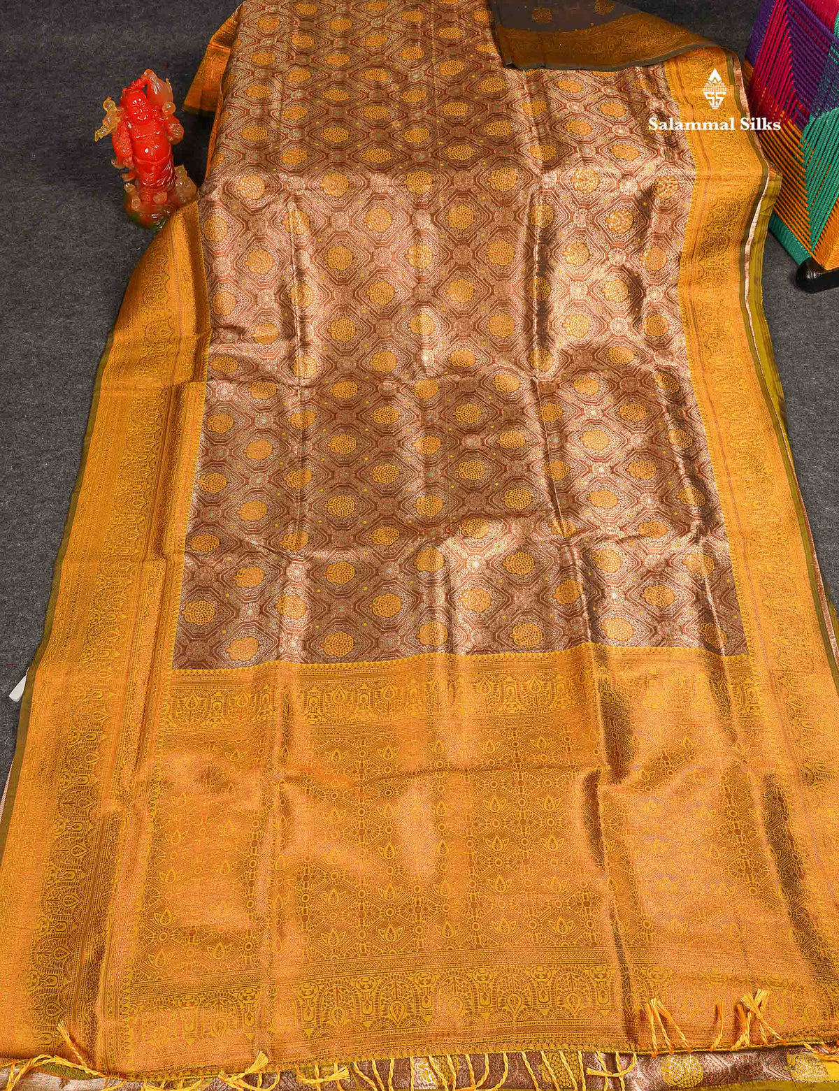 Semi Tussar Saree - Copper Colour Body Tissue With Contrast Mustard Yellow Fancy Border 